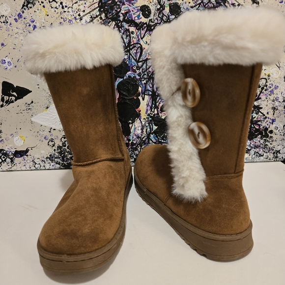 SO Chestnut Abigail Tan Brown Faux Suede Fur Trim Boots Calf Length Size 8.5 - Picture 3 of 17